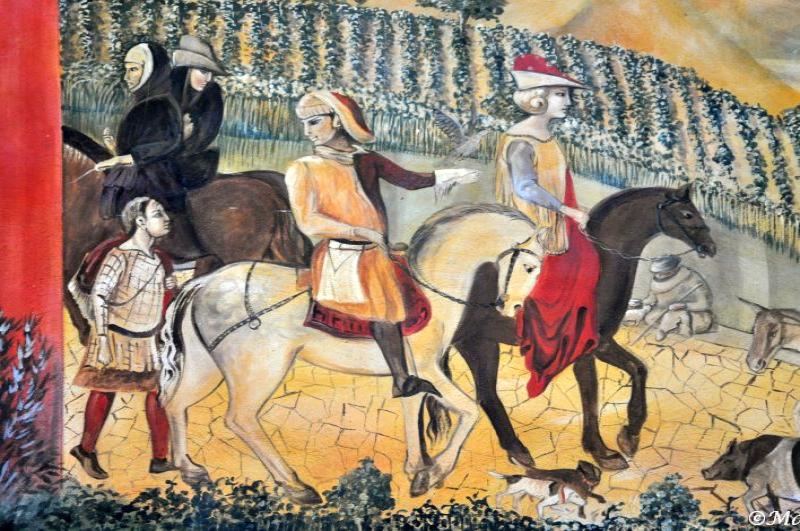 Castello Di Amorosa: фреска с верховыми всадниками и пастухом у виноградников